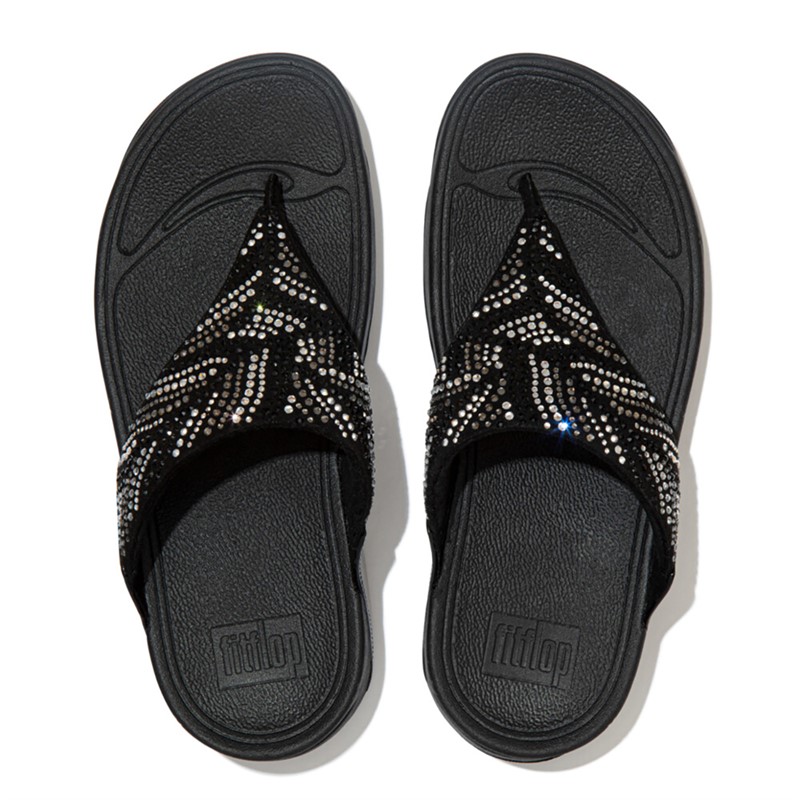 FitFlop Womens Lulu Crystal Feather Wide Fit Toe Post Sandals All Black