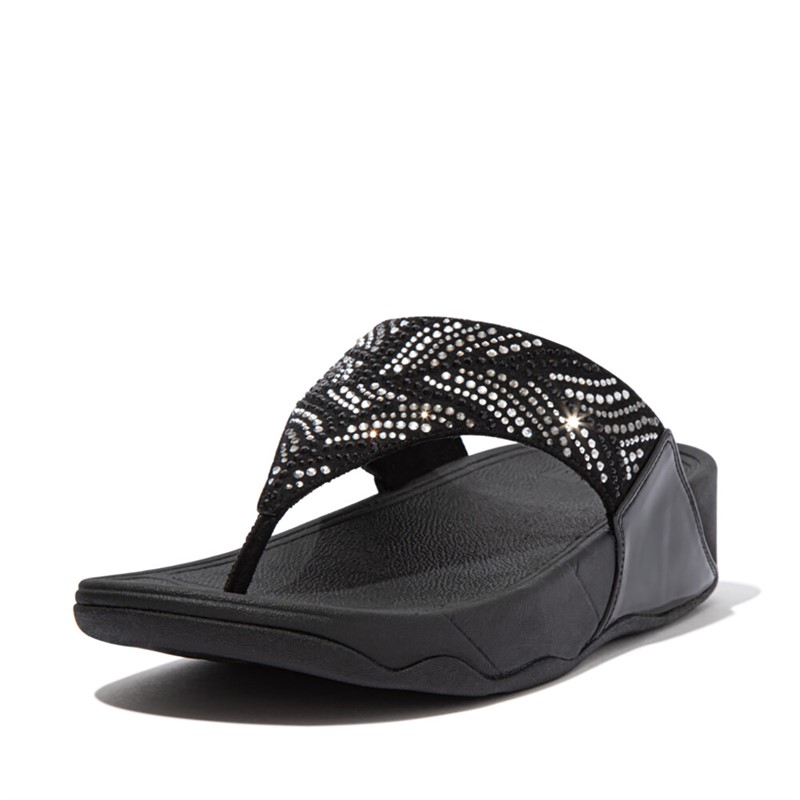 FitFlop Womens Lulu Crystal Feather Wide Fit Toe Post Sandals All Black