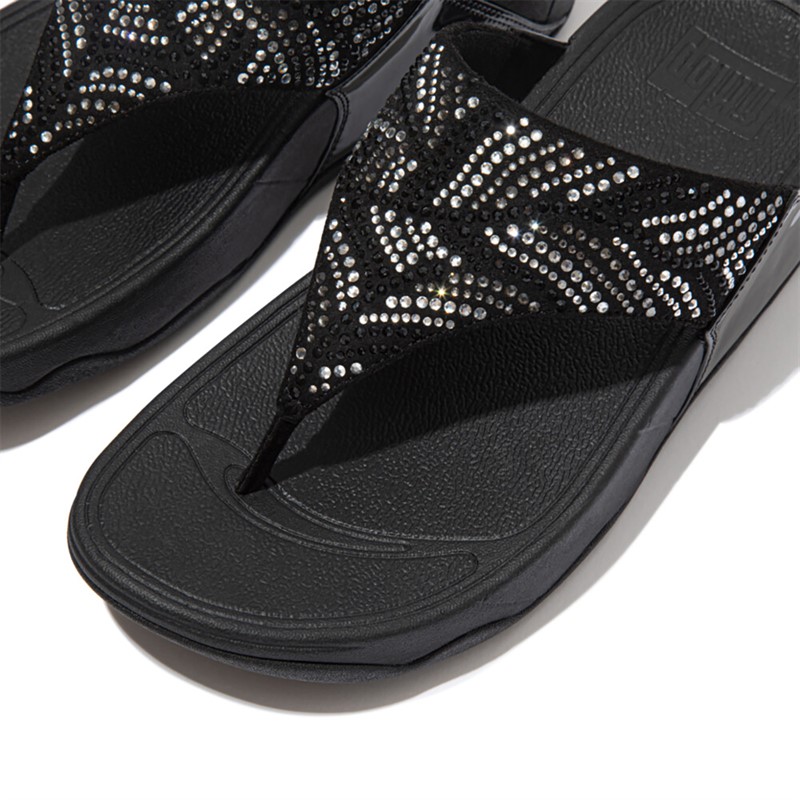 FitFlop Womens Lulu Crystal Feather Wide Fit Toe Post Sandals All Black