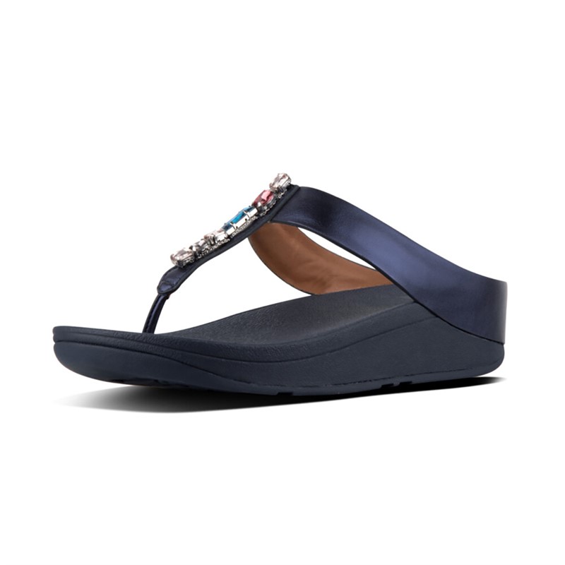FitFlop Womens Fino Bejewelled Toe Post Sandals Meteor Blue - Size 7