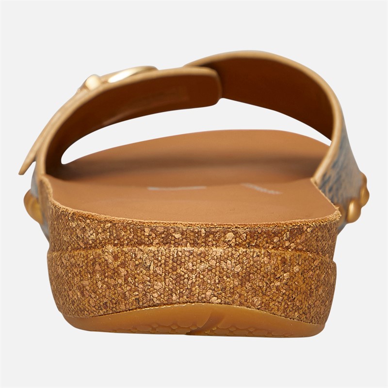 FitFlop Womens Iqushion Adjustable Buckle Snake-Embossed Leather Slides Classic Beige