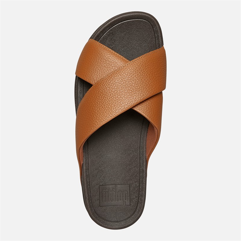 FitFlop Mens Surfer Mens Tumbled-Leather Cross Strap Sliders Light Tan