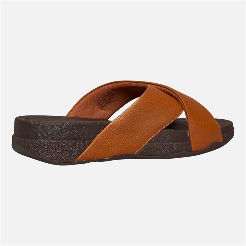 FitFlop Mens Surfer Mens Tumbled-Leather Cross Strap Sliders Light Tan
