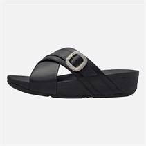 FitFlop Womens Lulu Crystal Buckle Leather Cross Strap Sliders Black