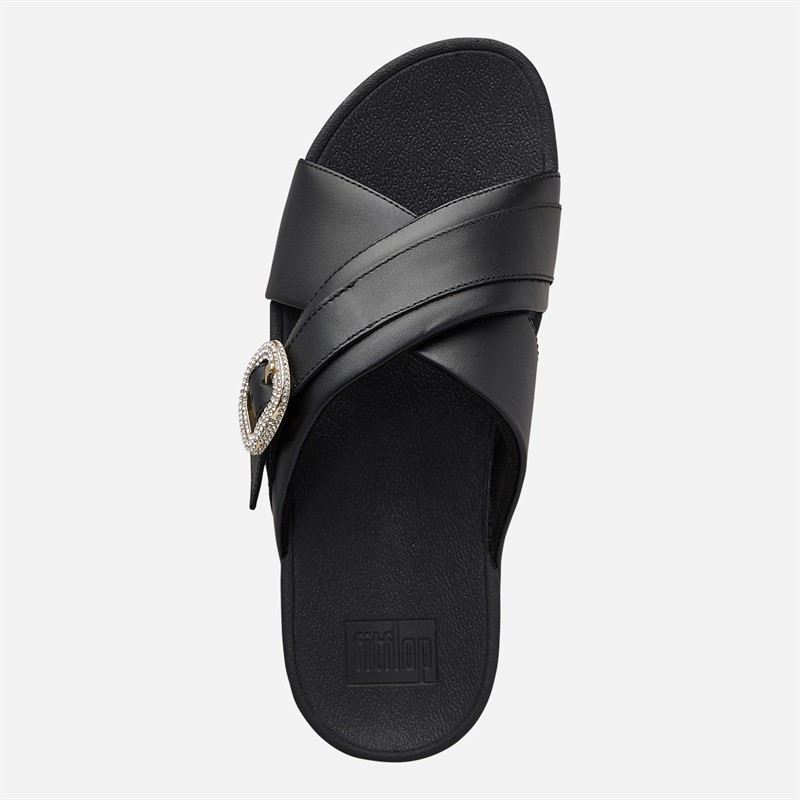 FitFlop Womens Lulu Crystal Buckle Leather Cross Strap Sliders Black