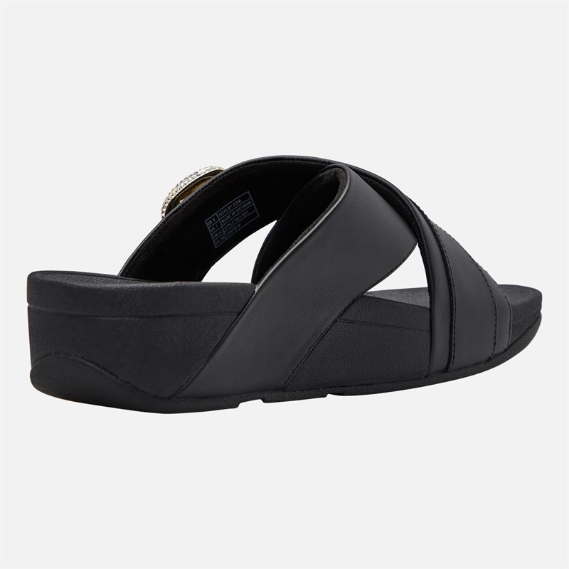 FitFlop Womens Lulu Crystal Buckle Leather Cross Strap Sliders Black