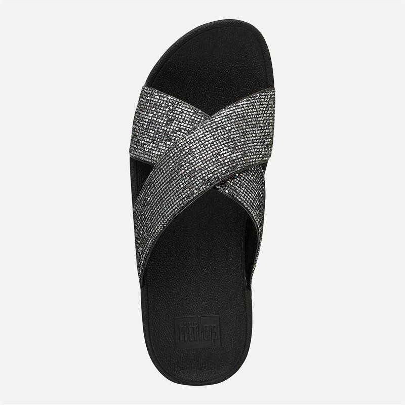 FitFlop Womens Lulu Glitterball Cross Strap Sliders Silver
