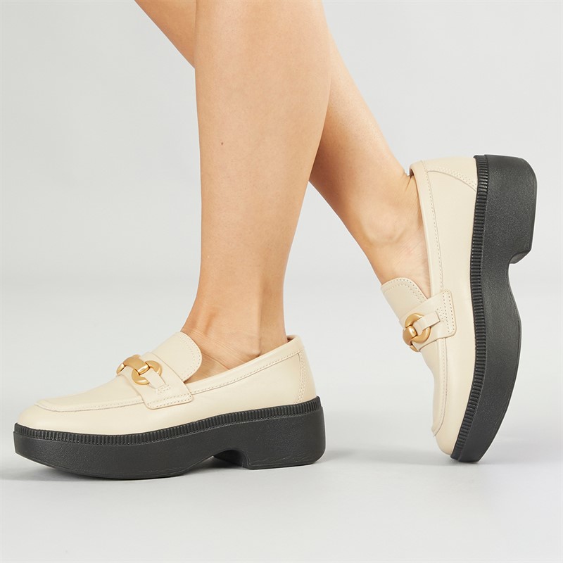 FitFlop Womens Luma Chunky Snaffle Leather Demi Wedge Loafers Stone Beige - Size 8