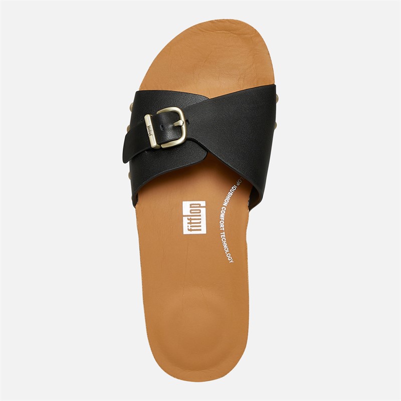 FitFlop Womens Iqushion Adjustable Buckle Leather/Cork Sliders Black