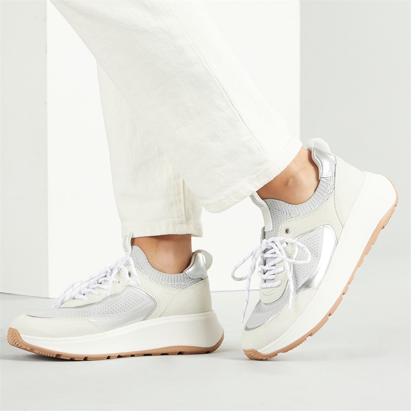 FitFlop Womens F-mode Suede/Knit Flatform Slip On Laced Trainers Urban White/French Grey