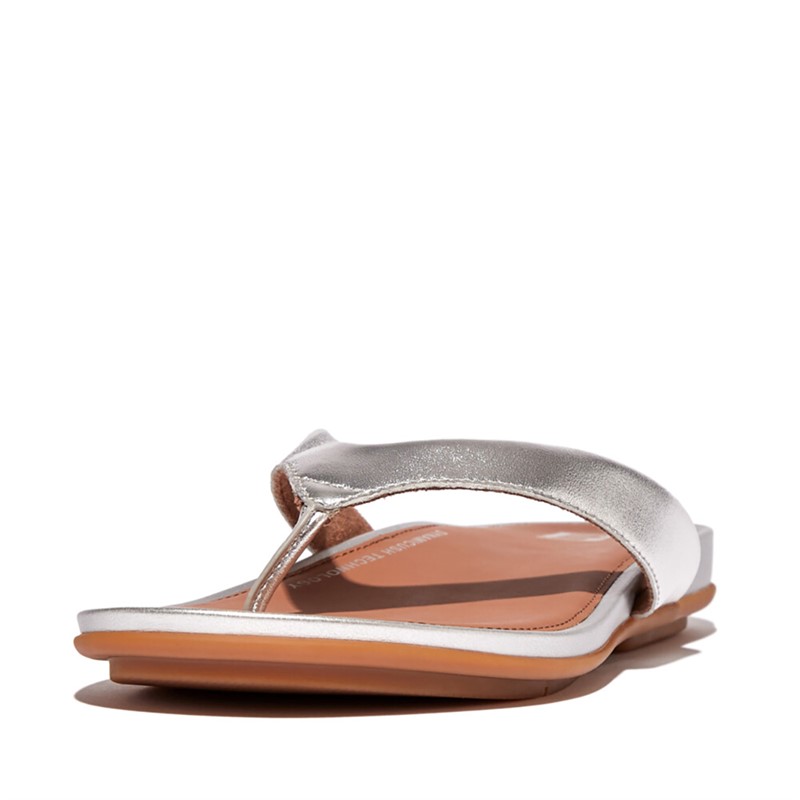 FitFlop Womens Gracie Leather Flip Flops Silver