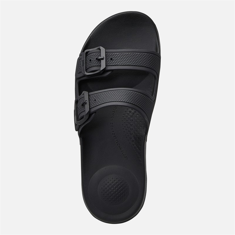 FitFlop Womens Iqushion Twin Bar Buckled Sliders All Black