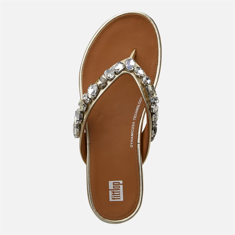 FitFlop Womens Gracie Jewel Deluxe Leather Flip Flops Platino