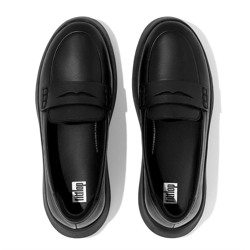 FitFlop Womens F-mode Flatform Leather Penny Loafers All Black