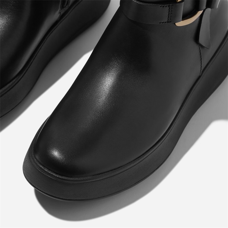FitFlop Womens F-Mode Buckled Leather Flatform Ankle Boots Black