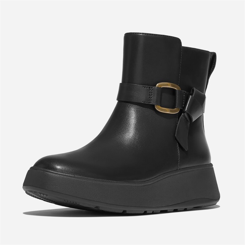 FitFlop Womens F-Mode Buckled Leather Flatform Ankle Boots Black