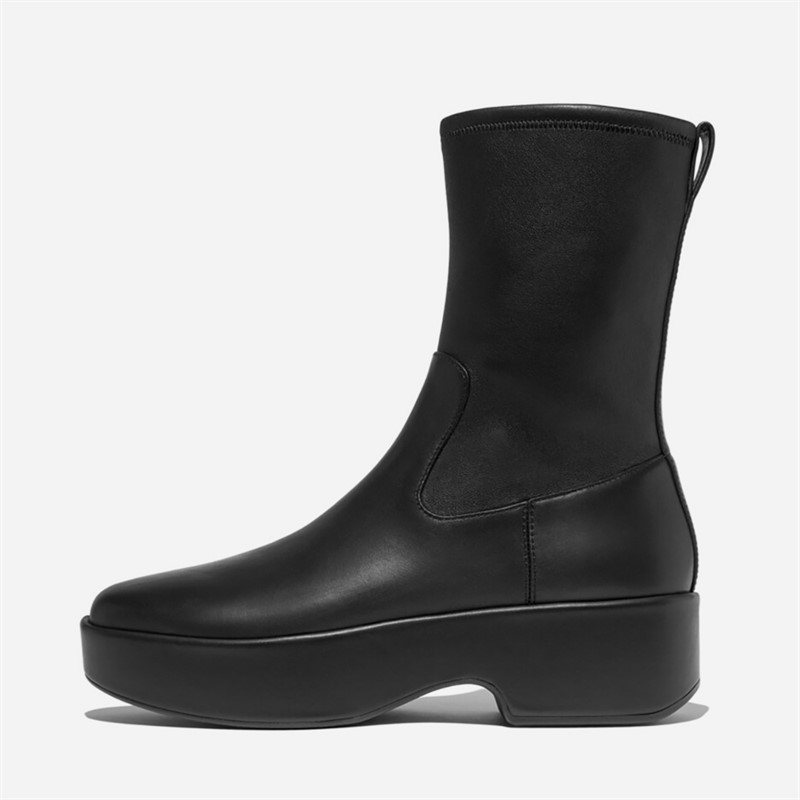 FitFlop Womens F-Luma Stretch Leather Demi Wedge Mid Calf Boots Black