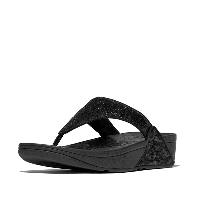 FitFlop Womens Lulu Crinkled Shimmer Toe Post Sandals Metallic Black