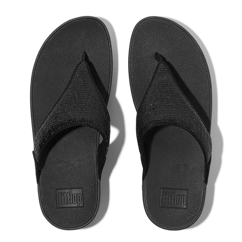 FitFlop Womens Lulu Crinkled Shimmer Toe Post Sandals Metallic Black