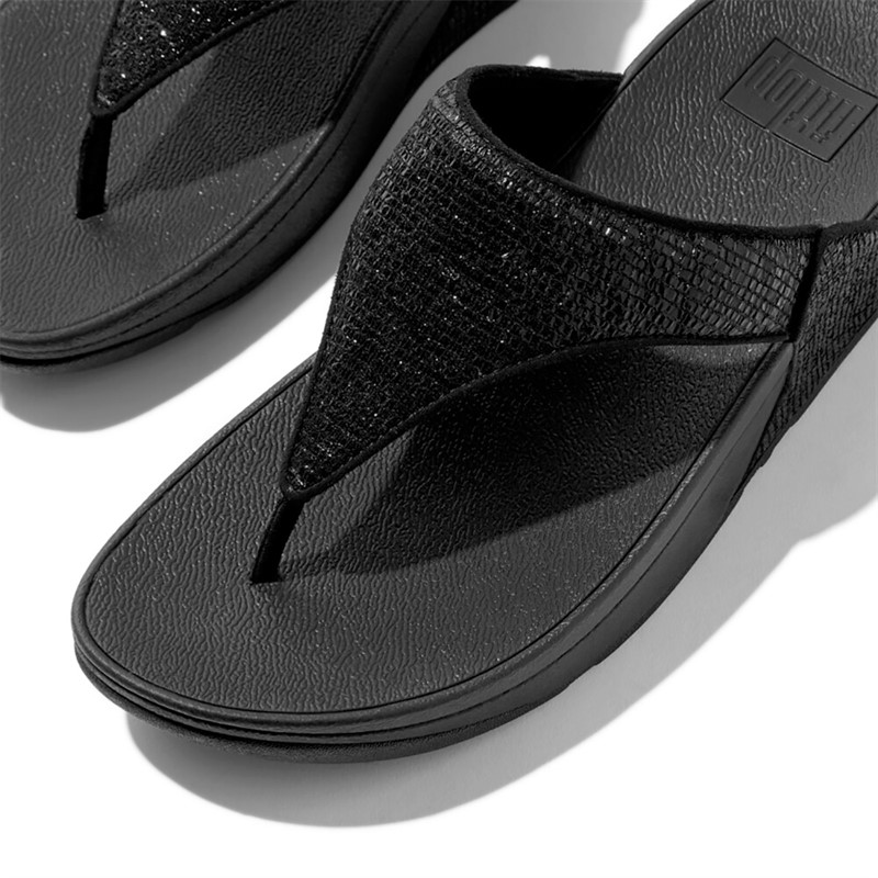 FitFlop Womens Lulu Crinkled Shimmer Toe Post Sandals Metallic Black