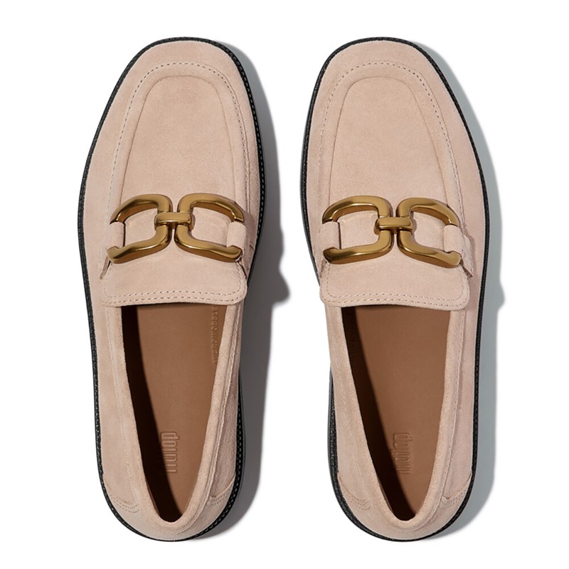 FitFlop Womens Square Chain Suede Demi Wedge Loafers Classic Beige