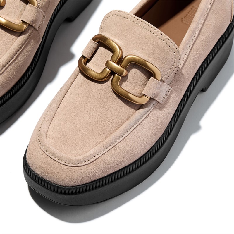 FitFlop Womens Square Chain Suede Demi Wedge Loafers Classic Beige
