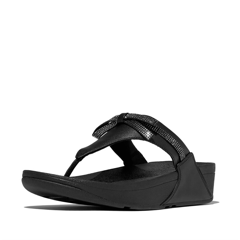 FitFlop Womens Lulu Glitz Bow Leather Toe Post Sandals All Black