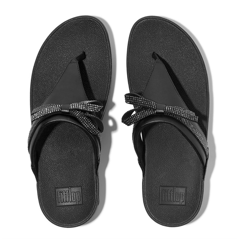 FitFlop Womens Lulu Glitz Bow Leather Toe Post Sandals All Black