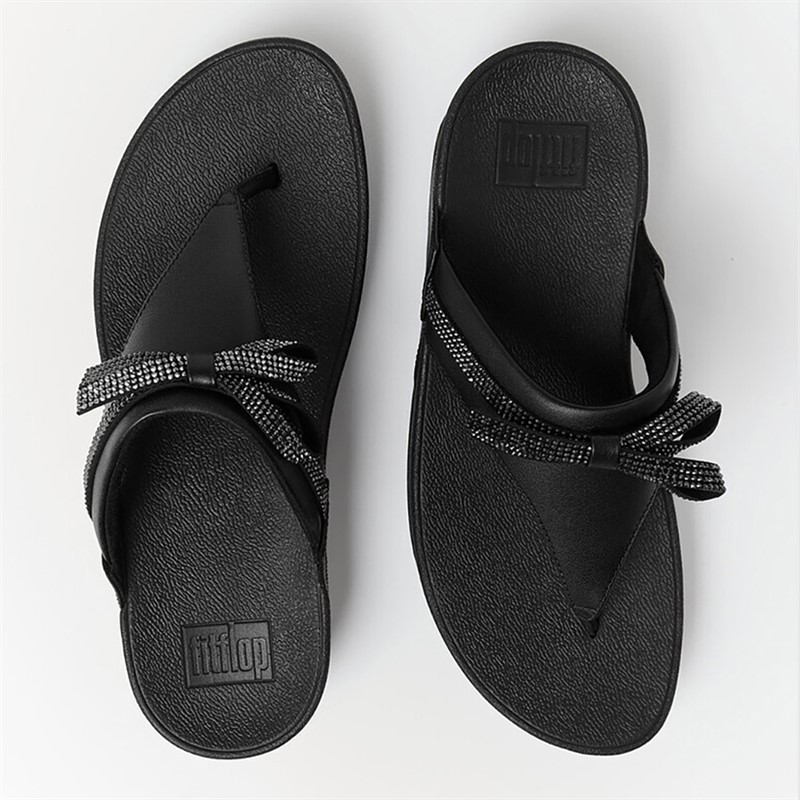 FitFlop Womens Lulu Glitz Bow Leather Toe Post Sandals All Black