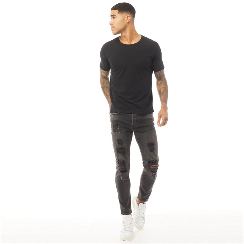 Gym King Mens Rip And Repair Slim Fit Denim Jeans Paint Splatter Black
