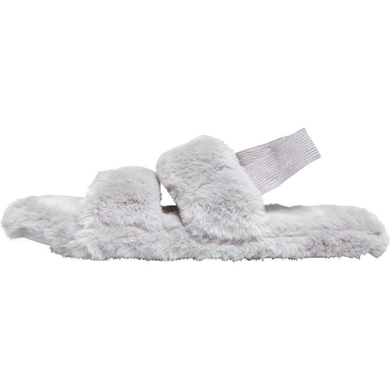 Loungeable Womens Fluffy Elastic Strap Two Bar Slippers Grey