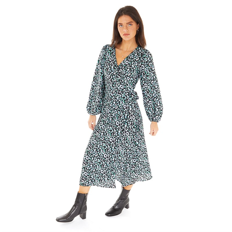 OBJECT Womens Leonora Long Sleeve Wrap Midi Dress Black/Fern Green