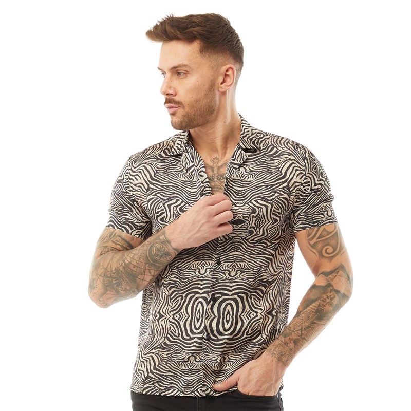 HERMANO Mens Zebra Print Short Sleeve Slim Fit Shirt Black