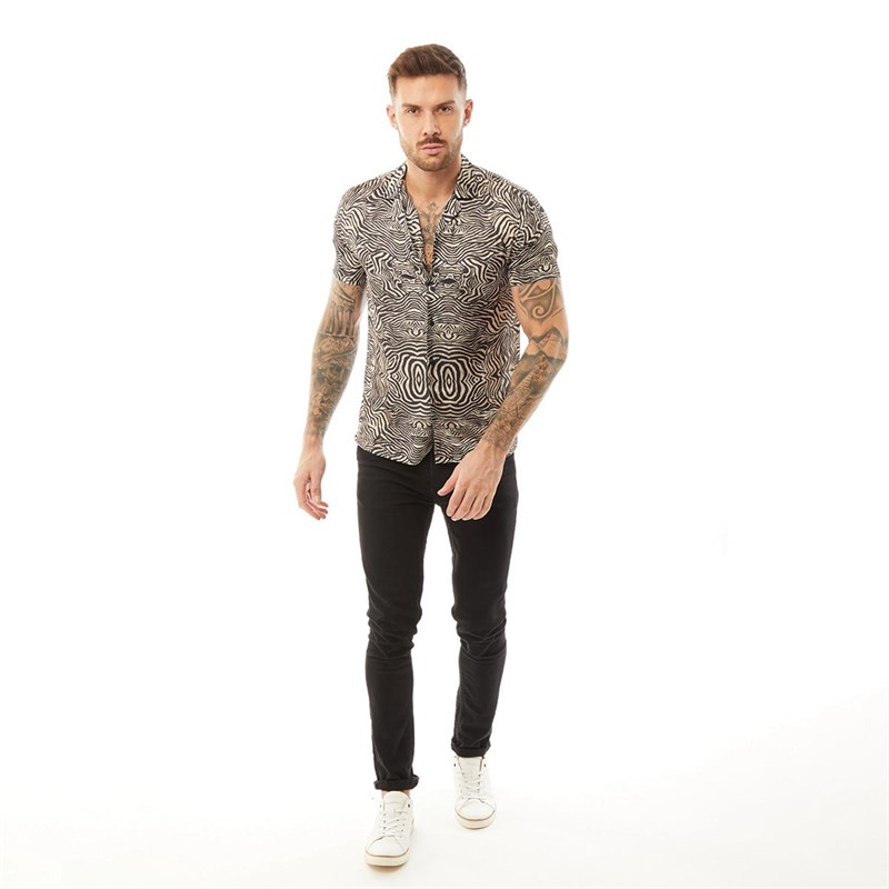 HERMANO Mens Zebra Print Short Sleeve Slim Fit Shirt Black