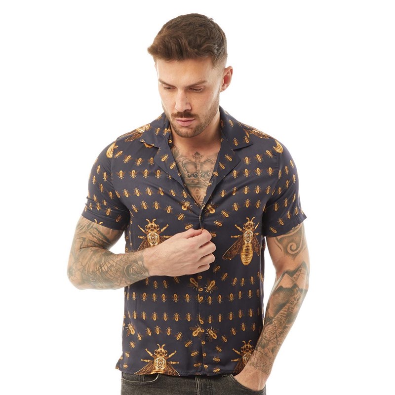 HERMANO Mens Bee Brooch Cuban Short Sleeve Shirt Blue