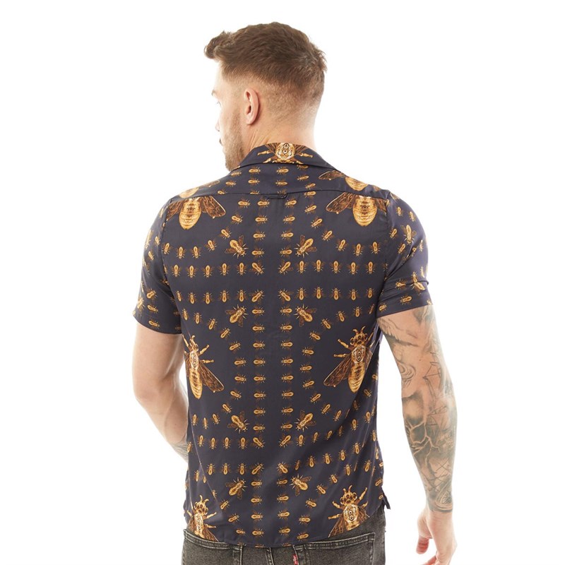 HERMANO Mens Bee Brooch Cuban Short Sleeve Shirt Blue