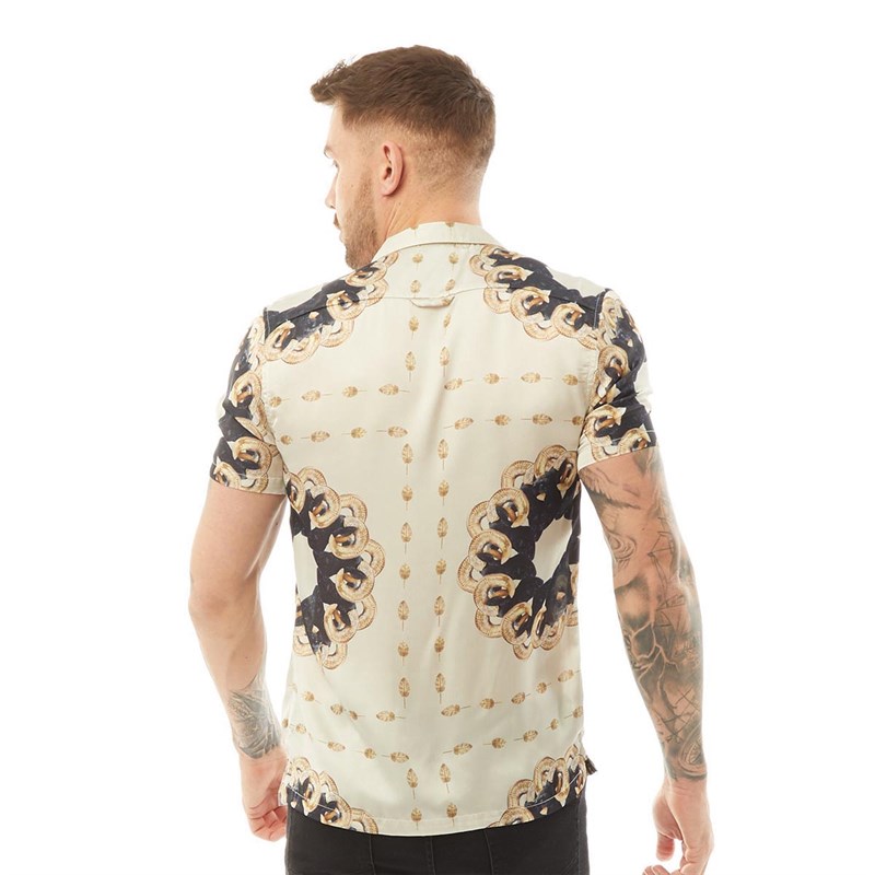 HERMANO Mens Ram Print Short Sleeve Slim Fit Shirt White