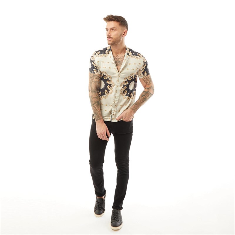 HERMANO Mens Ram Print Short Sleeve Slim Fit Shirt White