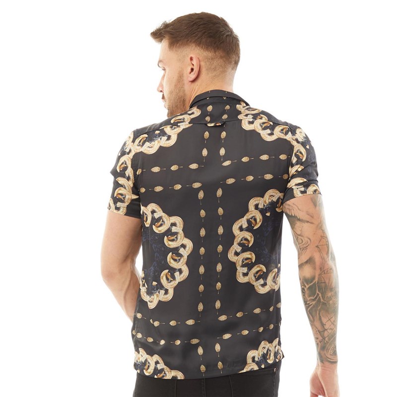 HERMANO Mens Ram Print Short Sleeve Slim Fit Shirt Black