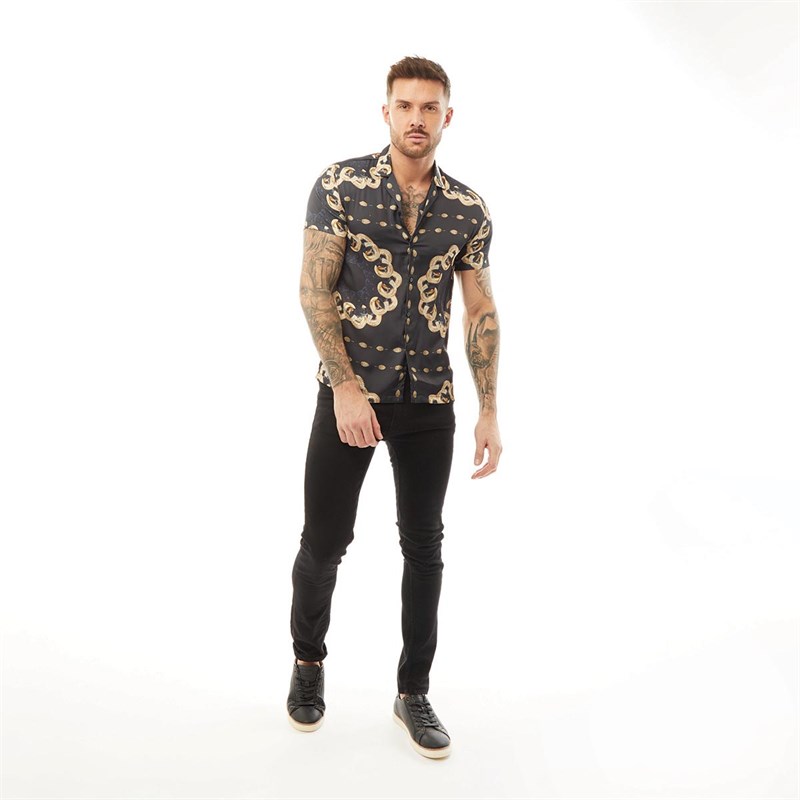 HERMANO Mens Ram Print Short Sleeve Slim Fit Shirt Black
