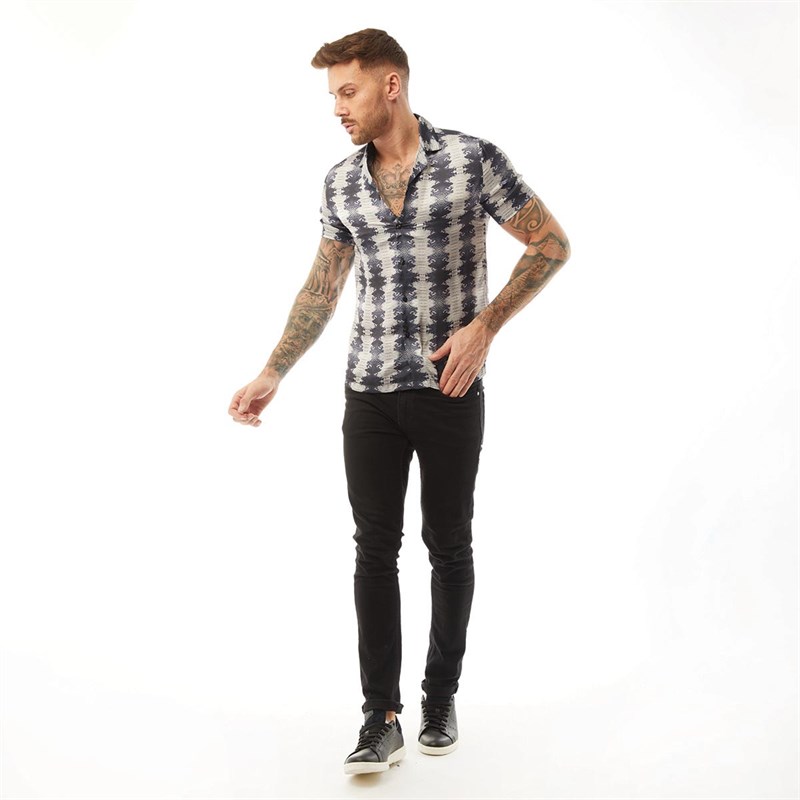 HERMANO Mens Snake Print Short Sleeve Slim Fit Shirt Grey