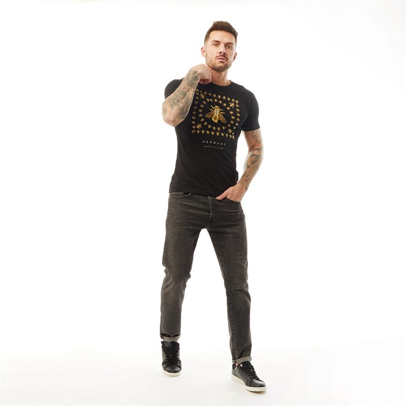 HERMANO Heren Bee Design T-Shirt Zwart