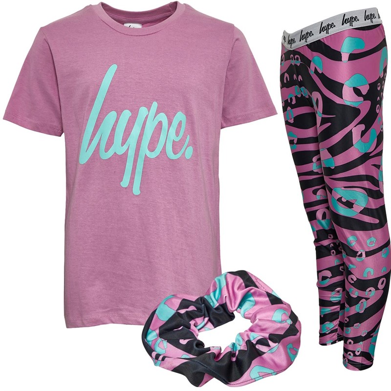 Hype Childrens Script T-Shirt, Leggings And Scrunchie Set Lilac Groovy Zebra