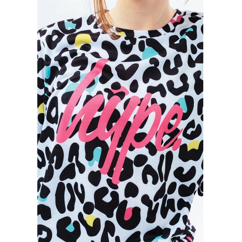 Hype Girls Script Long Dished Hem T-Shirt Multi Leopard