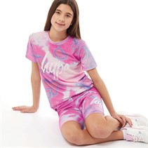 Hype Junior Girls Tie Dye Script T-Shirt And Cycling Shorts Co-Ord Set Pink/Blue