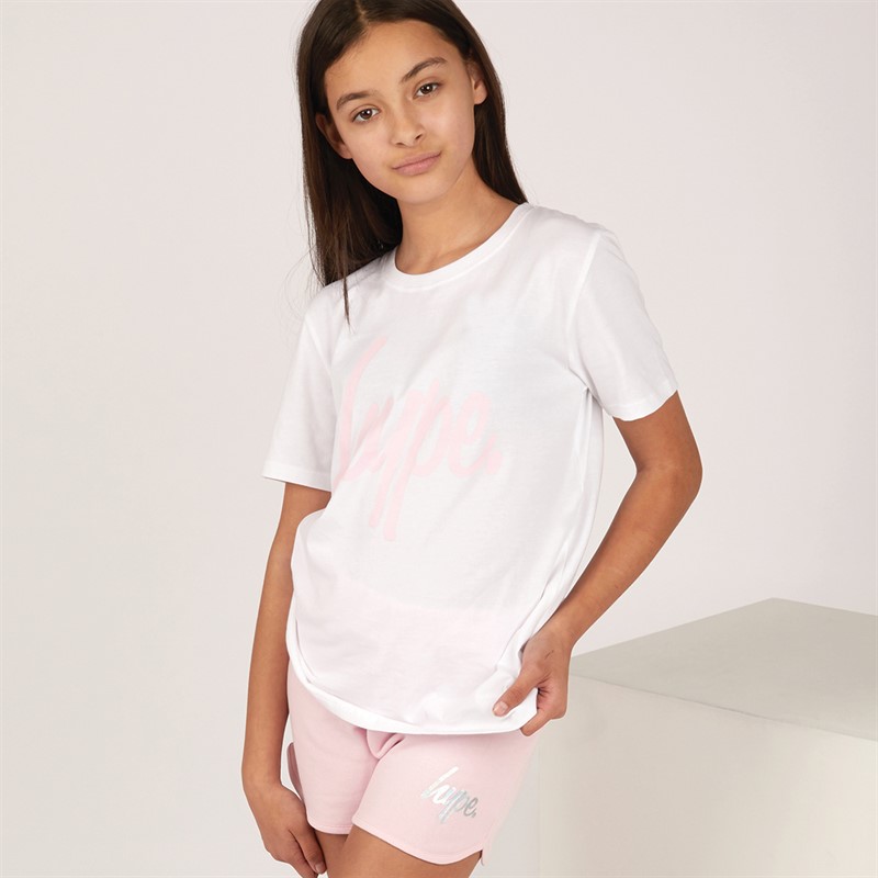 Hype Piger T-shirt og Shorts Sæt Hvid/Rosa