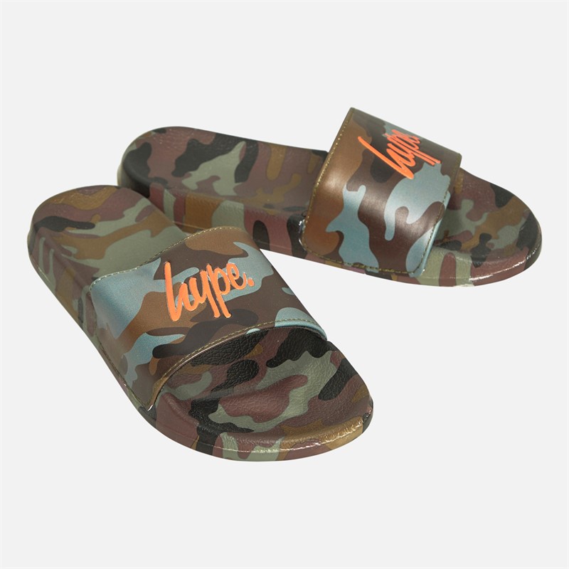 Hype Kids Classic Camo Script Sliders Khaki