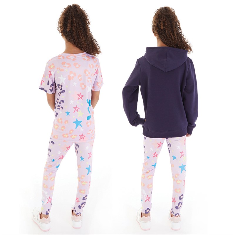 Hype Girls Three Pack T-Shirt Hoodie and Leggings Set Lilac/Navy