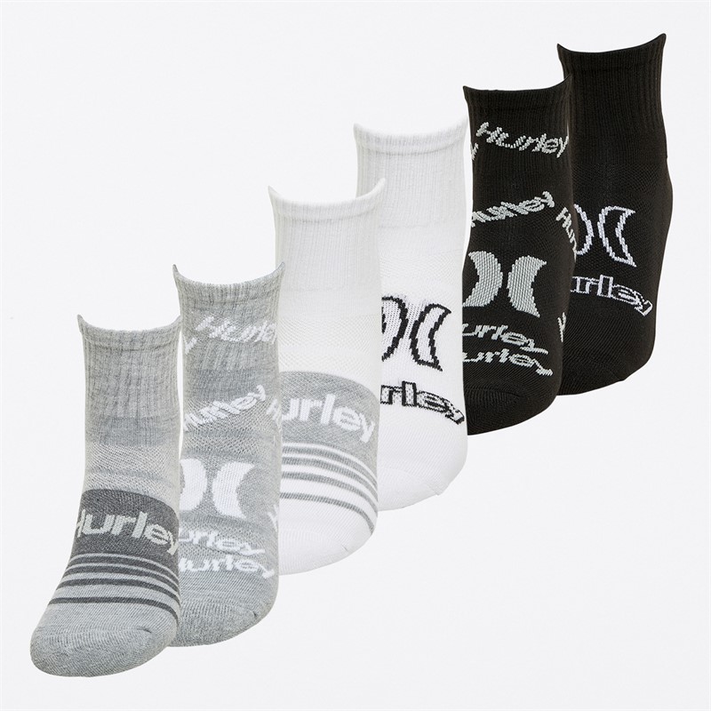 Hurley Mens 1/2 Terry Six Pack Quarter Crew Socks Grey/Camo