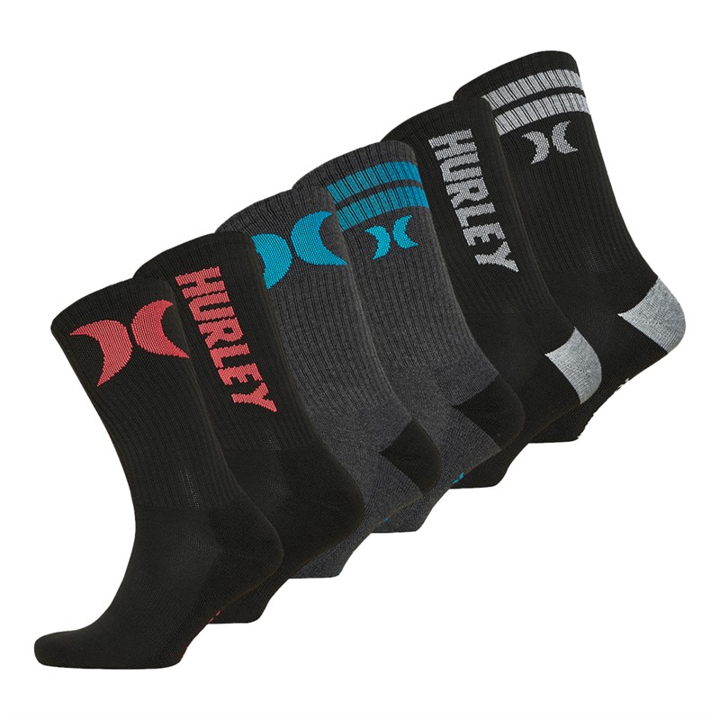 Hurley Mens Six Pack 1/2 Terry Crew Socks Black/Multi